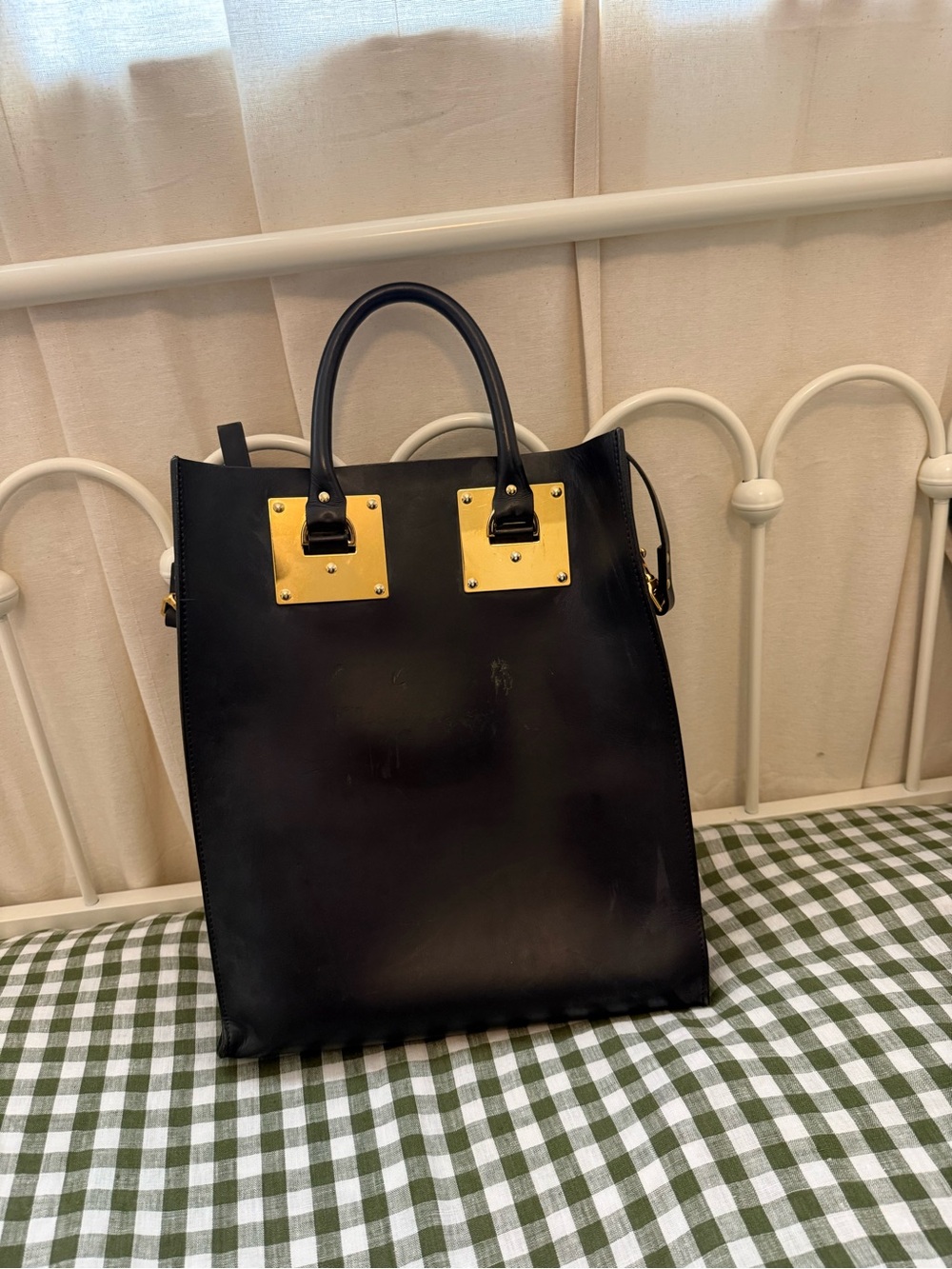 Sophie Hulme Black Leather Tote with Gold-Plated Accent Plates